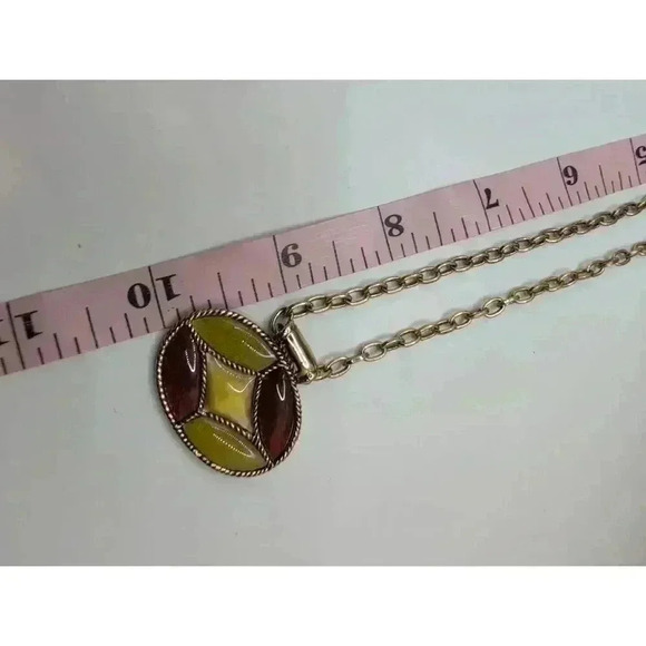 Monet Gold Tone Multicolor Oval Pendant Necklace Enamel Inlay Vintage - Picture 5 of 5